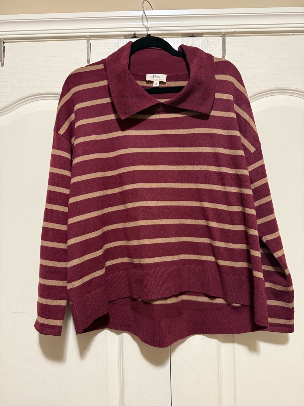 Striped Cowl Collar Sweater in Burgundy and Tan
